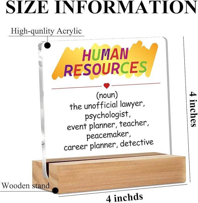 HR Gifts for Men Women HR Appreciation Gifts for Manager Director Human Resources Clear Desk Decorative Sign Acrylic Sign With Wooden Stand for Desk Table Shelf Office Cubicle Decor 4x4 Inch