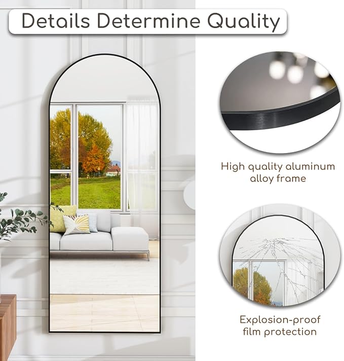 Arched Full Length Mirror, 64 "x 21" Floor Mirror with Stand, Full Body Mirrors with Aluminum Alloy Frame, Freestanding, Wall-Mounted or Leaning (Black)