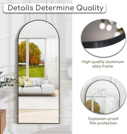 Arched Full Length Mirror, 64 "x 21" Floor Mirror with Stand, Full Body Mirrors with Aluminum Alloy Frame, Freestanding, Wall-Mounted or Leaning (Black)