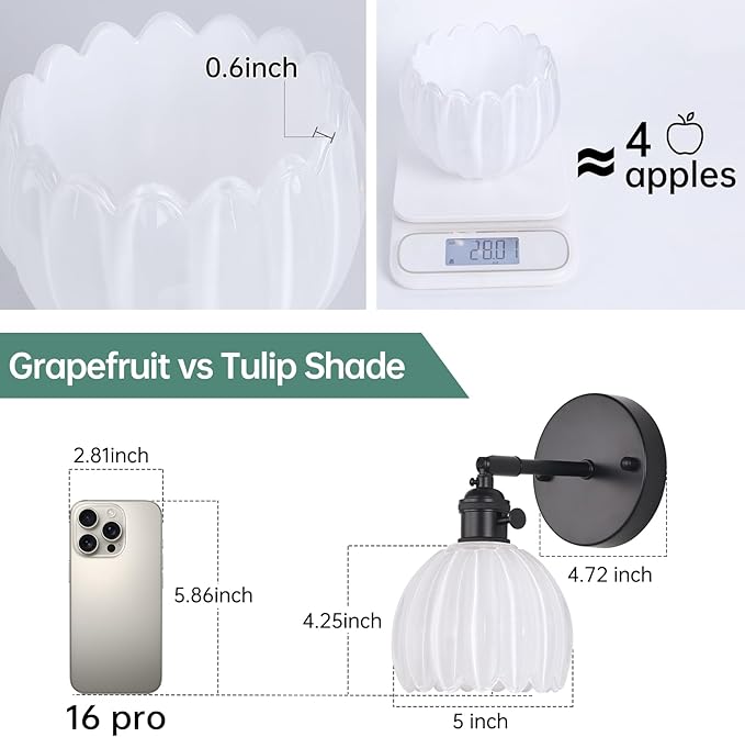 Vintage Battery Operated Wall Sconce with White Tulip Glass Lampshade Rechargeable Battery Powered Black Wall Light with Remote Control for Bedside Bedroom Doorway, Set of 2