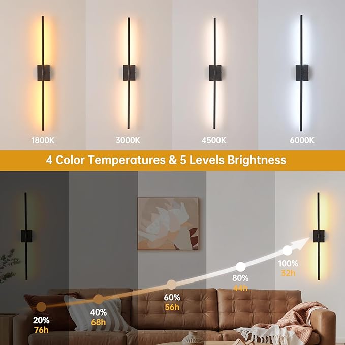 Battery Operated Wall Sconce Set of 2, 10000mAh Rechargeable Wall Sconces with Detachable Battery, Indoor 350°Rotate Wall Lights for Bedroom Living Room, Black, 31.5 Inch