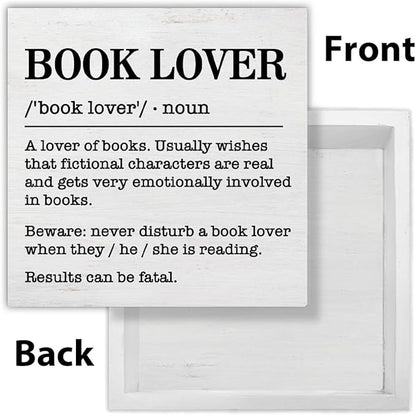 Book Lover Decor Rustic Book Lover Definition Wooden Sign Decorations Home Book Room Library Desk Table Shelf 5×5 Inches, Book Lover Gifts for Women Men Girls Boys