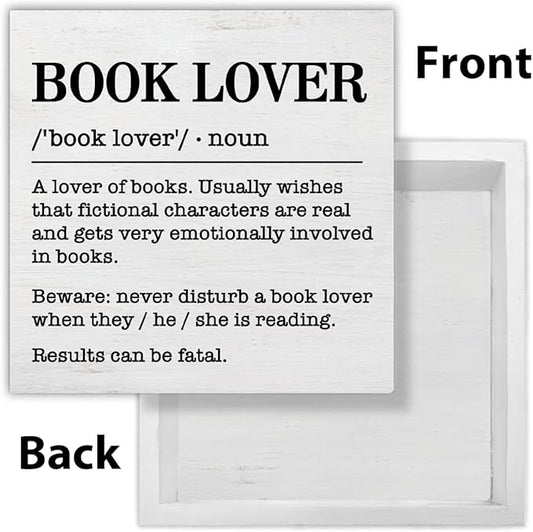 Book Lover Decor Rustic Book Lover Definition Wooden Sign Decorations Home Book Room Library Desk Table Shelf 5×5 Inches, Book Lover Gifts for Women Men Girls Boys