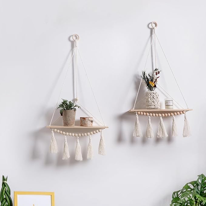 Artilady Macrame Wall Hanging Shelf - 2 Pack Wood Shelves Boho Wall Shelf Decor with Tassels & Wooden Beads, Rustic Floating Shleves Plant Aesthetic Room Decor for Teen Girls