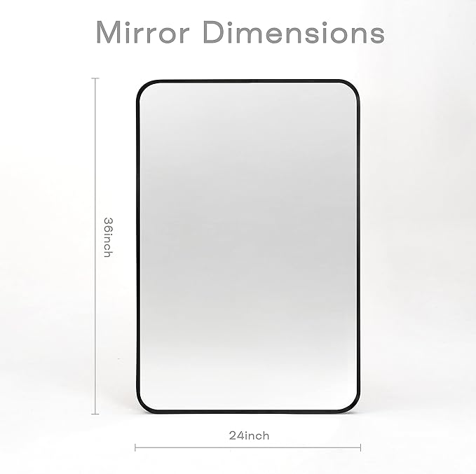 Wall Mount Mirror for Bathroom, Brushed Black Metal Framed Rounded Corner Rectangular Vanity Mirror (24