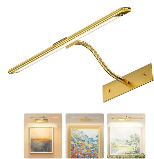 16 Inch Dimmable Picture Light, Gold LED Art Painting Wall Light with Remote Control & Timer, 3 Color Temperatures, Battery Operated Wall Sconce for Framed Pictures (Golden, 16 INCH)