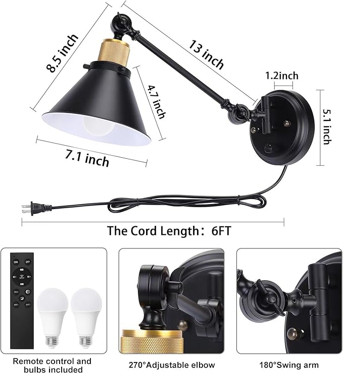 TRLIFE Dimmable Wall Sconce with Remote Control, Plug in Wall Sconces Dimming 10%-100% and Adjustable Color Temperature 2700K-6000K, Swing Arm Wall Lights with Plug in Cord, UL Listed(2 Pack, 2 Bulbs)