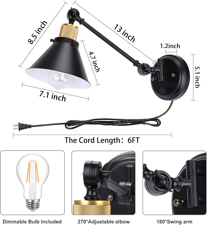 TRLIFE Wall Sconce Plug in, Dimmable Wall Sconces Swing Arm Wall Lights with Plug in Cord, Wall Mounted Light with Dimmer On/Off Knob Switch, UL Listed(2 Pack, 2 Bulbs Included)