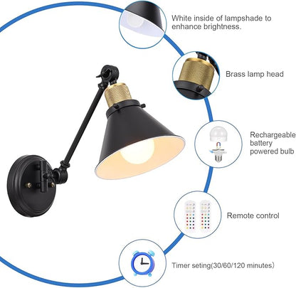 TRLIFE Rechargeable Battery Operated Wall Sconce, Dimmable and Adjustable Color Temperature Wireless Wall Sconces Set of 2 with Remote Control, Swing Arm Wall Mounted Light for Bedroom Bedside Hallway