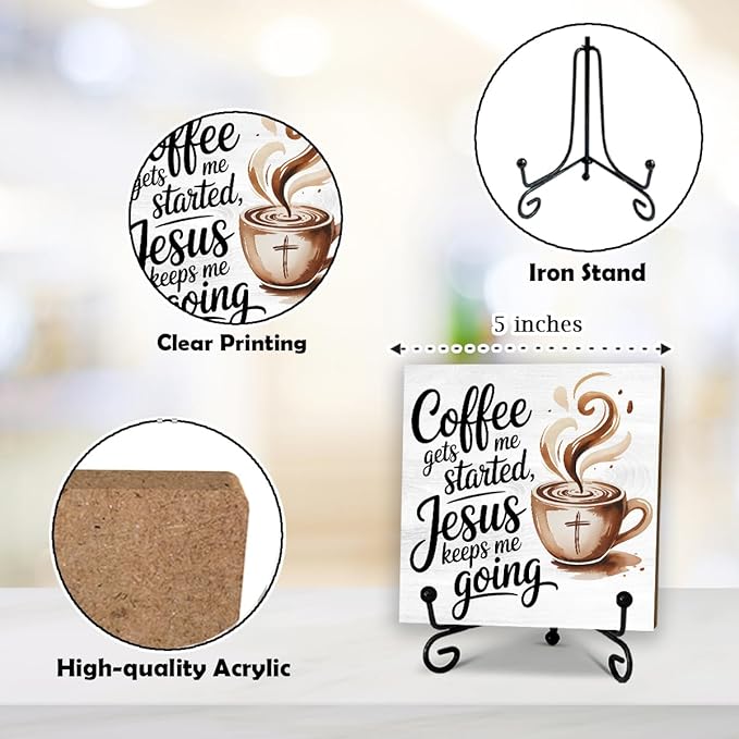 5'' Rustic Cafe Wooden Sign With Metal Stand - Coffee Gets Me Started Jesus Keeps Me Going - Religion Wooden Plaque Tabletop Decor Gifts For Coffee Lover Christians - Home Kitchen Decor & Supplies-B04