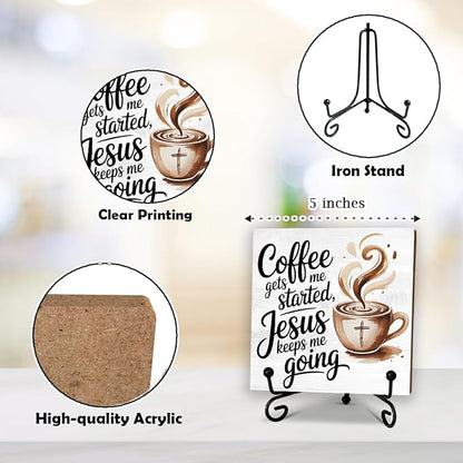 5'' Rustic Cafe Wooden Sign With Metal Stand - Coffee Gets Me Started Jesus Keeps Me Going - Religion Wooden Plaque Tabletop Decor Gifts For Coffee Lover Christians - Home Kitchen Decor & Supplies-B04
