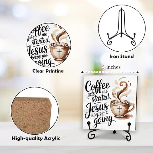 5'' Rustic Cafe Wooden Sign With Metal Stand - Coffee Gets Me Started Jesus Keeps Me Going - Religion Wooden Plaque Tabletop Decor Gifts For Coffee Lover Christians - Home Kitchen Decor & Supplies-B04