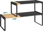 SONGMICS HOME Spice Racks, Expandable Cupboard Shelf Orgnizers, Kitchen Counter Shelves, Bamboo and Metal, Space-Saving Shelving, Stackable, Light Bamboo and Ink Black UKCS051B01