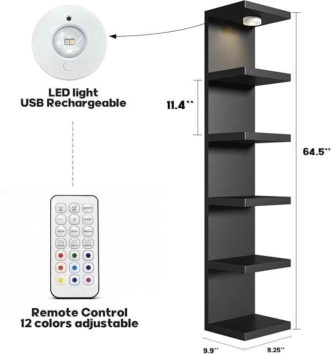 6-Tier Wall Shelf Unit with USB Rechargeable Led Light (Remote Controlled),Versatile Floating Display Shelves,Lack Style Wall Shelves for Bedroom,Living Room,Office Decor,Vanity-Black