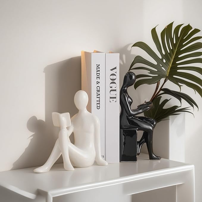 Home Decorative Reading Couple Statue Bookends Elegant Ceramic Bookshelf Room Office Desk Decor,Paper Weights, Book Ends,Bookend Supports, Book Stoppers, Set of 2 (Black and White)