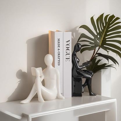 Home Decorative Reading Couple Statue Bookends Elegant Ceramic Bookshelf Room Office Desk Decor,Paper Weights, Book Ends,Bookend Supports, Book Stoppers, Set of 2 (Black and White)