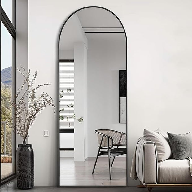Arched Full Length Mirror, 64 "x 21" Floor Mirror with Stand, Full Body Mirrors with Aluminum Alloy Frame, Freestanding, Wall-Mounted or Leaning (Black)