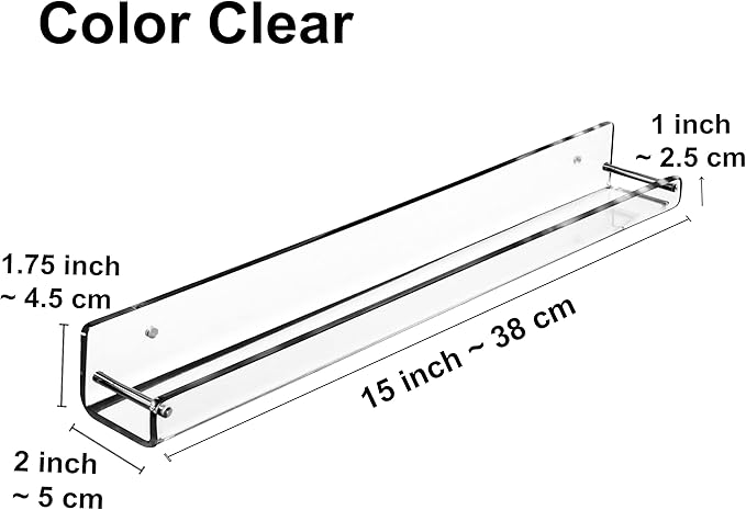 AMT 6 Pack Acrylic Floating Shelves, 15" L x 1.8" W, Clear Bathroom Wall Shelf, Bookshelves, Invisible Display for Office, Bedroom, Small Gap Allows Water to Escape, Free Screws & Drill Bit (Small)
