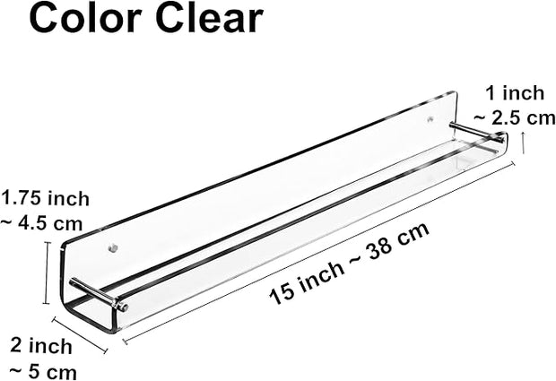 AMT 3 Pack Acrylic Floating Shelves, 15 L x 1.8 W, Clear Bathroom Wall Shelf, Bookshelves, Invisible Display for Office, Bedroom, Small Gap Allows Water to Escape, Free Screws & Drill Bit (Small)
