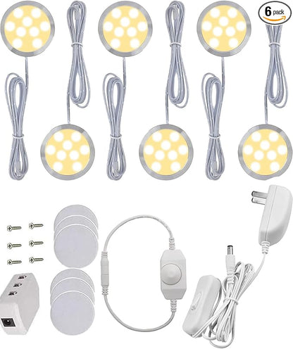 Cefrank Led Dimmable Puck Lights,Set of 6 Warm White Under Cabinet Lighting Kit w/Rotary Dimmer Switch, Total of 12W, LED Counter Light Above/in/Under Kitchen Closet Bookcase, Shelf