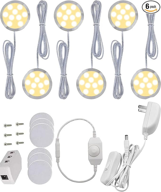 Cefrank Led Dimmable Puck Lights,Set of 6 Warm White Under Cabinet Lighting Kit w/Rotary Dimmer Switch, Total of 12W, LED Counter Light Above/in/Under Kitchen Closet Bookcase, Shelf