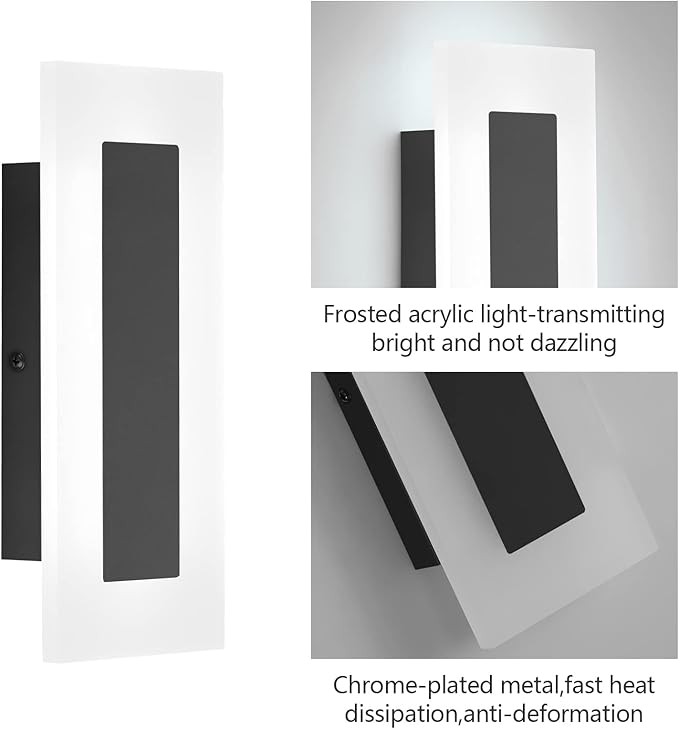 LMQNINE Modern LED Acrylic Black Wall Sconce White Light 6000K for Bedroom Corridor Stairs Bathroom Indoor Lighting Fixture Lamps Home Room Decor (2-Pack)…