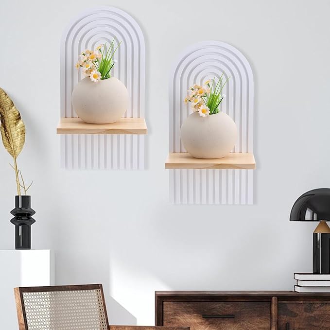 2 Pcs Wooden Boho Shelf Wall Decor, Bohemian Floating Shelves, White Arch Wall Shelves for Nursery Bedroom Living Room Mid Century Hanging Shelf