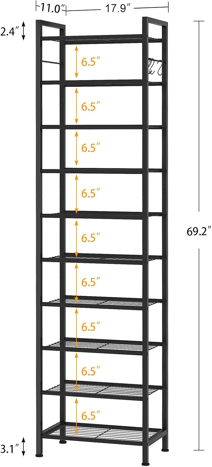 usikey 10 Tiers Narrow Shoe Rack 20-30 Pairs, Sturdy Metal Tall Shoe Rack Shelf with 4 Hooks, Slim Shoe Storage with Metal Shelf, Space Saving Vertical Shoe Organizer for Entryway Black UNYXJX018H