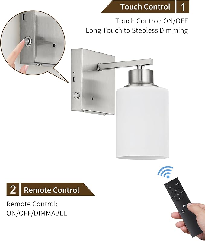 Wireless Wall Sconces, Nickel Battery Operated Wall Sconce Set of 2 with Timer Function, Easy Install Dimmable Rechargeable Wall Lamps for Living Room, Bedroom, Hallway, Entryway Decor 3000K