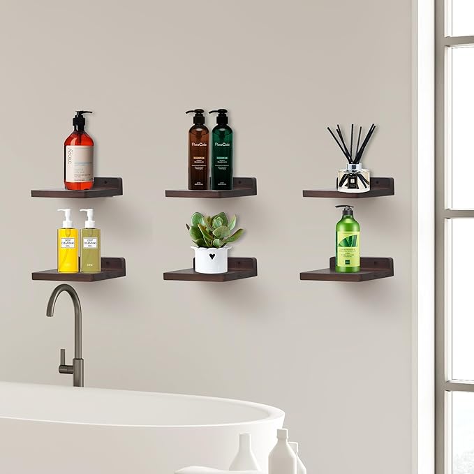 Small Floating Shelf, 5x6 Inch Display Ledges for Wall,Mini Shelves,Rustic Wood Shelf for Bedroom Living Room Bathroom Kitchen (6, Dark Walnut)