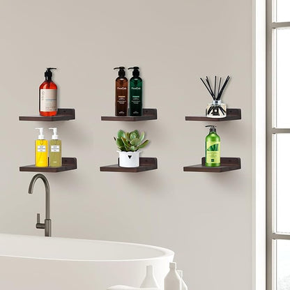 Small Floating Shelf, 5x6 Inch Display Ledges for Wall,Mini Shelves,Rustic Wood Shelf for Bedroom Living Room Bathroom Kitchen (3, Dark Walnut)