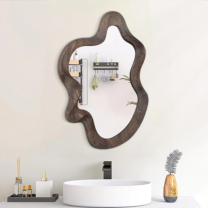 Asymmetrical Wavy Mirror for Wall Decor - Large Cute and Stylish Unique Wooden Framed Artistic Cloud Mirror, 21.6