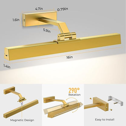 Picture Lights for Wall, Battery Operated Picture Light 16in Art Light CCT Dimmable Recharging Battery Wall Light with Remote Control for Living Room Gallery Gold 2PCS