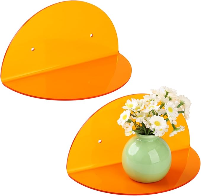 Lesnala 2Pcs Small Acrylic Shelves Floating Shelves for Wall Orange Wall Mounted Display Shelf with Stickers and Screws for Bathroom Bedroom Living Room Office Decor,7.9 Inch