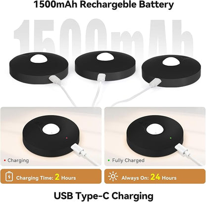 Rechargeable Puck Lights with Remote, 6 Pack Magnetic Under Cabinet Lighting, 1500mAh Battery Operated LED Tap Lights with Dimmer & Timmer for Kitchen, Closet, Shelf - 3 Color Temps & 12 RGB, Black