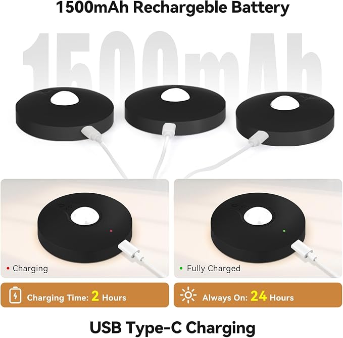 Rechargeable Puck Lights with Remote, 3 Pack Magnetic Under Cabinet Lighting, 1500mAh Battery Operated LED Tap Lights with Dimmer & Timmer for Kitchen, Closet, Shelf - 3 Color Temps & 12 RGB, Black