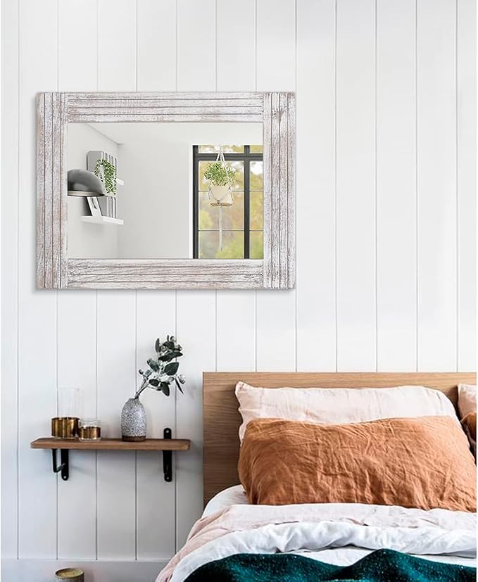 Wall Mirror Rustic Wooden Frame Rectangle Mirror Vintage Hanging Mirror for Bedroom Bathroom Living Room Farmhouse Wall Decor Large 26