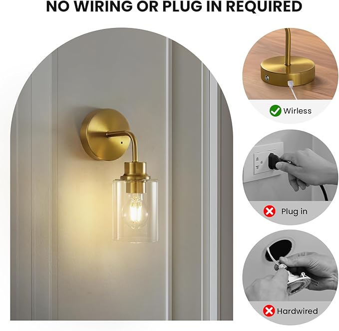 Battery Operated Wall Sconce Set of Two - Dimmable Wireless Sconces Set of 2 with Remote Control, Cordless Rechargeable Gold Wall Lights 3000K Modern wall lamp for Bathroom Bedroom Living Room