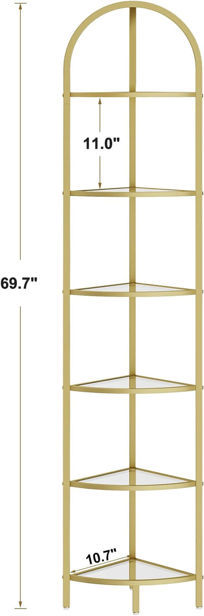 Homhedy 6-Tier Corner Shelf Stand, Metal Corner Bookshelf, Tempered Glass Shelves, Bathroom Storage Rack Shelf, Plant Stand, Modern Style, Golden