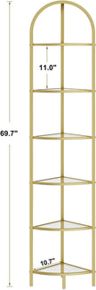Homhedy 6-Tier Corner Shelf Stand, Metal Corner Bookshelf, Tempered Glass Shelves, Bathroom Storage Rack Shelf, Plant Stand, Modern Style, Golden