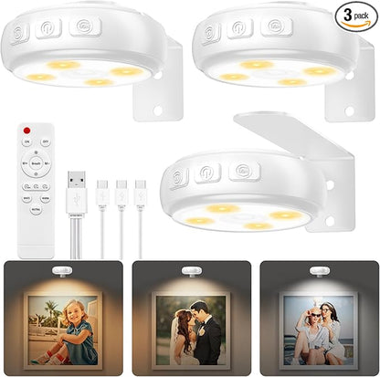 3 Pack Picture Light for Wall with 1200mAh Rechargeable Battery Operated Lights Remote Dimmable Timer Painting Light Magnetic 3 Adjustable Lighting RGB Modes Wall Decor Lights for Living Room(White)