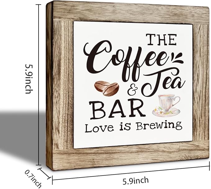 Coffee & Tea Bar Decor Signs, Tea Station Accessories, Funny Coffee Wooden Box Sign Block Plaque, Rustic Funny Wooden Box Sign, Bar Decorations for Home 5.9×5.9 inch