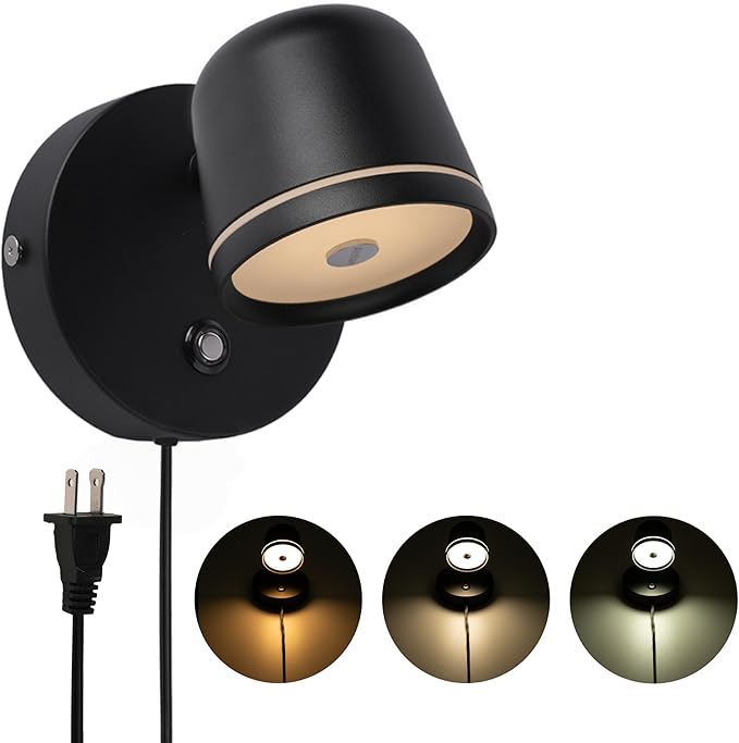 Aisilan Plug in Wall Sconce, Dimmable LED Wall Light with Switch, 7W Adjustable Anti-Glare Bedroom Sconce, Matte Black Aluminum Wall Lamp for Living Room & Bedside