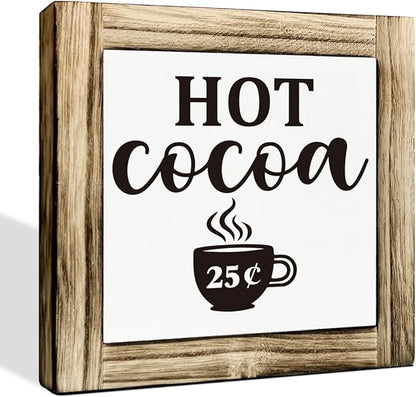 Hot Cocoa Sign, Coffee Bar Set, Wood Desk Sign, Farmhouse Kitchen Decor for Table Shelf, Cafe Station