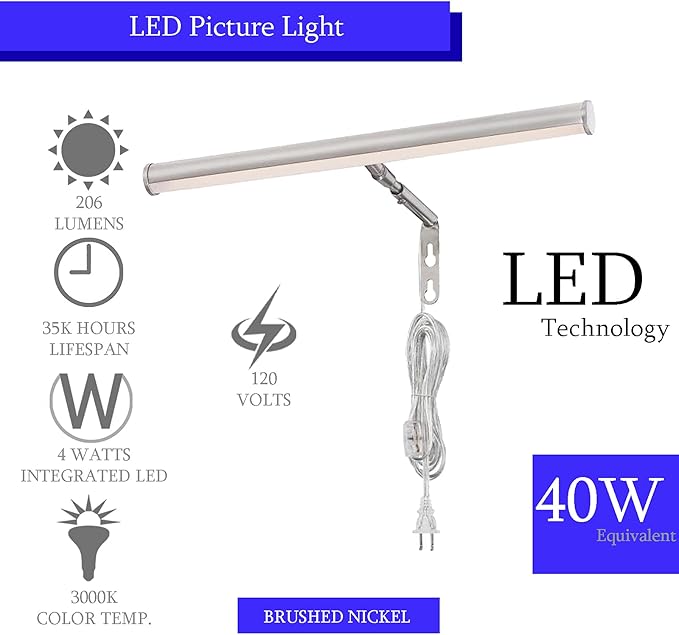 Ciata 14-Inch Picture Light with Integrated LED,3000K Warm White, 4 Watt (40W Eqv) Metal Wall Mount Artwork Display Light, CRI90, 96 in Cord Length with in-line On/Off Switch in Brushed Nickel Finish