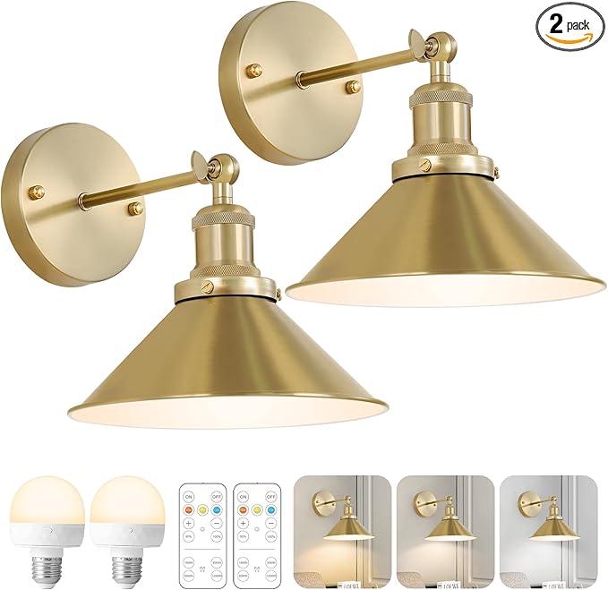 Gold Vintage Wireless Battery Operated Wall Sconces, Rechargeable Cordless Battery Powered Led Wall Lights Set of 2, Wall Lamp Fixture Indoor with Remote Control for Bedroom Farmhouse Gallery