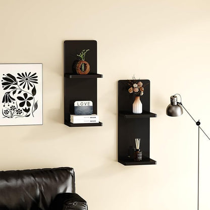 Floating Wall Shelves Set of 2, Black Solid Wood Double Layer Wall Mounted Shelf, 20 x 8 x 6 Inches, Modern Storage for Bedroom, Bathroom, Kitchen, Home Decor, Plants & Cosmetics