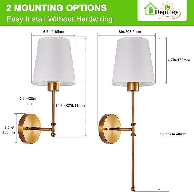 Depuley Battery Operated Wall Sconce: Set of 2 Wireless Wall Lights with 10000mAh Dimmable Bulbs and Remote for Bedroom - Rechargeable 15 Colors Gold Wall Lamp for Living Room Hallway