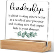 Gifts for Leader Boss Mentor Leadership Quote Clear Desk Decorative Sign Leadership is About Making Others Better Sayings Acrylic Sign With Wooden Stand for Desk Table Shelf Cubicle Decor 4x4 Inch