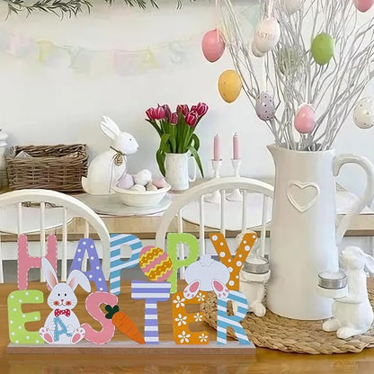 Easter Decorations, MEETYAMOR Wood Metal Happy Easter Sign for Table Decor, Farmhouse Rustic Easter Bunny Decorations for Home, Living Room, Mantel, Shelf